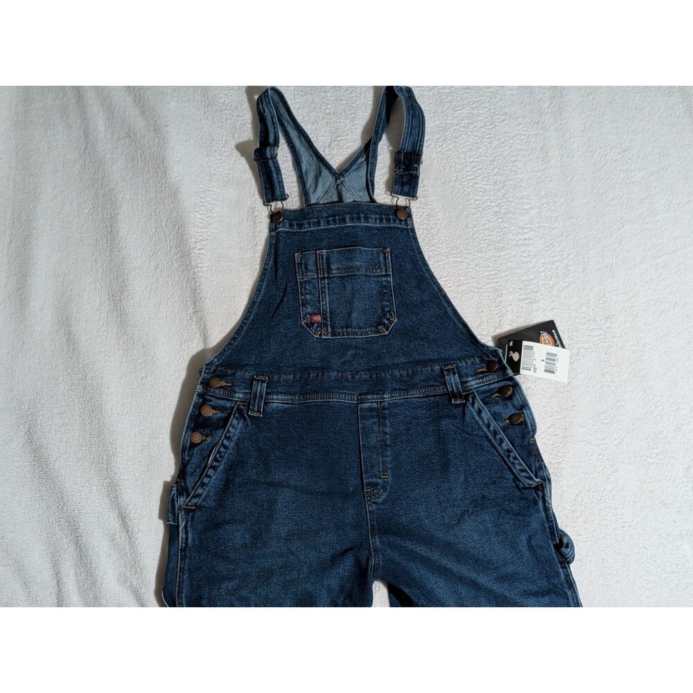 Dickies Women Boyfriend Bib Overalls Dark Wash Denim Stretch Size M NWT - Picture 2 of 7